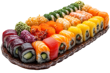 Rainbow sushi platter, colorful Japanese cuisine isolated on white