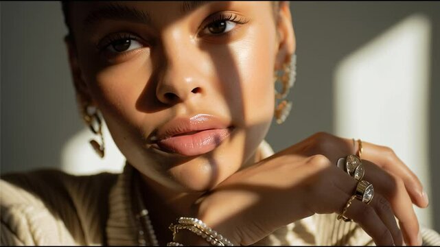 Close-up of elegant jewelry featuring model with striking eyes in soft, natural light capturing detail and beauty