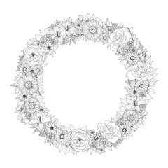Abstract floral background. Frame of roses, lilies and chamomile. Coloring page.