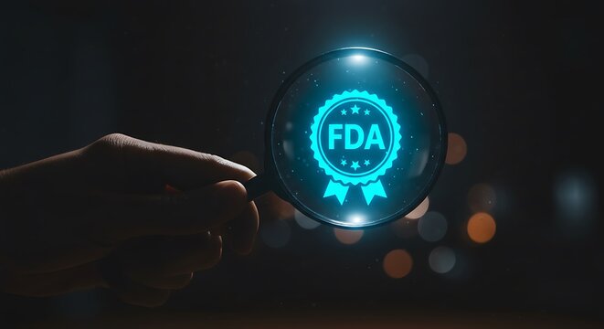 Hand holding magnifying glass over glowing blue F D A approval seal with bokeh lights regulation inspection