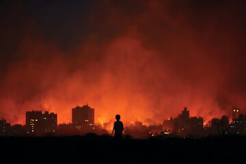 Skyline of Gaza in flames, silhouette of child watching from distance, dusk time emotional contrast, cinematic wide frame, symbolic image 