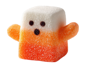 Spooky ghost shaped marshmallow snack with orange and white sugar coating, cute expression, festive and playful Halloween treat, isolated on transparency background