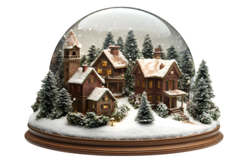 Realistic snow globe with small winter village scene festive decor item isolated on white background
