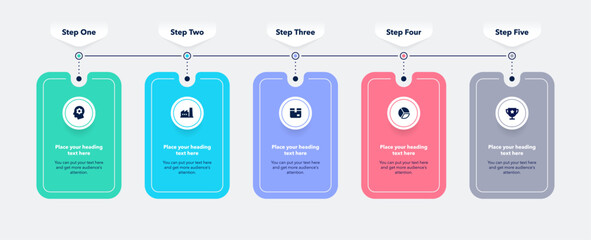 Horizontal process flow diagram with five steps. Flat presentation template with minimalistic icons for data visualization.