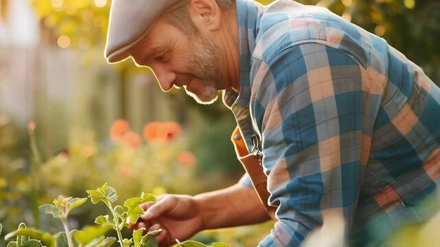 Man gardening outdoors sunlight wearing plaid shirt and cap tending plants with care and focus while smiling and enjoying outdoor planting warm
