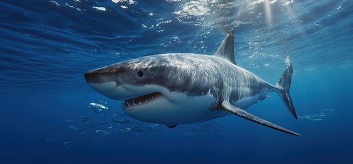 Naklejka premium Great White Shark Swimming Among School of Fish Under Sunlit Ocean Waters