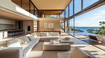 Spacious living room with minimalist dcor and clean lines.