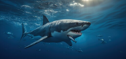 Fototapeta premium Great White Shark Swimming Among School of Fish Under Sunlit Ocean Waters