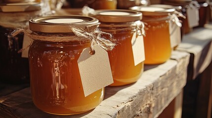 Mason jars with preserves and kraft tags.