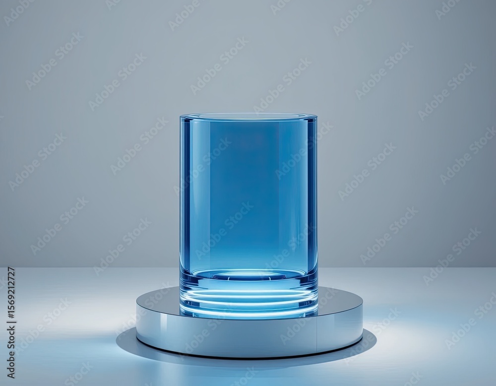 Fototapete dark blue transparent glass cylinder on metallic podium with glow light, 3d rendering modern minimal