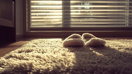 Slippers on soft rug, gentle light through blinds.