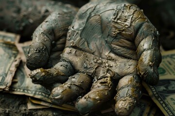 Muddy hand clutching dollar bills illustrates concepts of corruption, greed, and illicit financial dealings