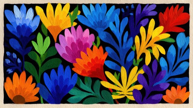 Vibrant Folk Art Floral Embroidery on Black Background