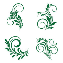 Green floral swirls and leaf elements design set isolated on white background