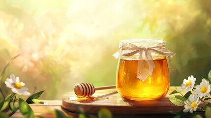 Jar of honey with dipper on cutting board.