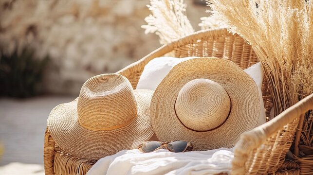 Foldable straw hats and raffia accessories on sunny chair.