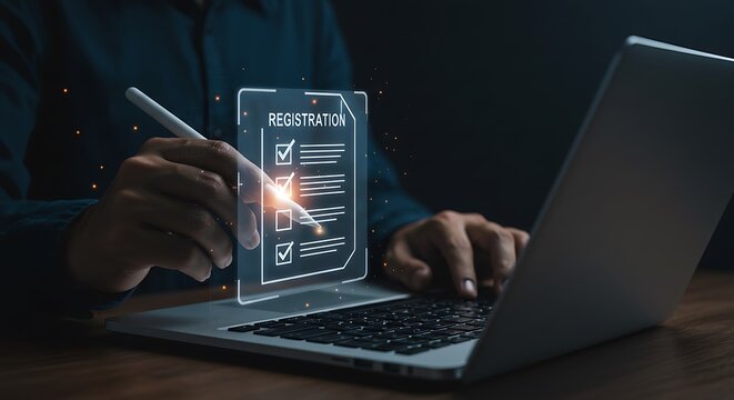 Person using stylus to check boxes on digital registration form on laptop screen hand