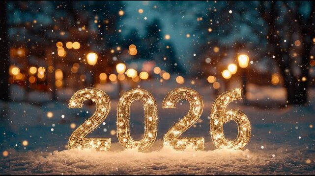 Large illuminated numbers 2026 standing in fresh snow, surrounded by falling snowflakes and blurred festive lights, creating magical nighttime winter park atmosphere