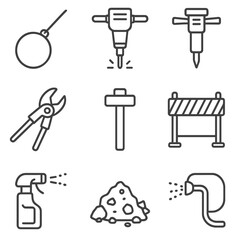 Obraz premium Demolition Tools Icons. Line style icons of Demolition and Wrecking Tools: wrecking ball, concrete breaker, hydraulic hammer,