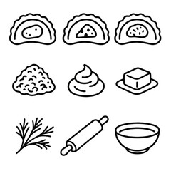 Pierogi Flavors Icons. Line style icons of Pierogi Stand Flavors: potato pierogi, cheese pierogi, meat pierogi, fried onion heap,