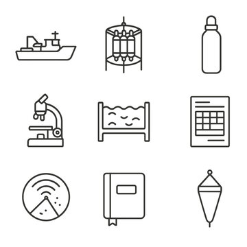 Marine Research Icons. Line style icons of Marine Research Gear: research vessel, CTD sampler, water bottle sampler, microscope,
