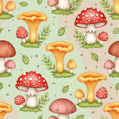 Adorable Mushroom Pattern Seamless Design with Colorful Fungi, Leaves, and Grass