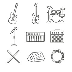 Obraz premium Rock Band Icons. Line style icons of Rock Band Instruments: electric guitar, bass guitar, drum kit, microphone stand, keyboard,