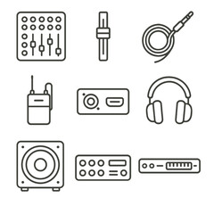 Rock Audio Gear Icons. Line style icons of Rock Audio Gear: mixing console, soundboard slider, audio cable, wireless mic pack, DI