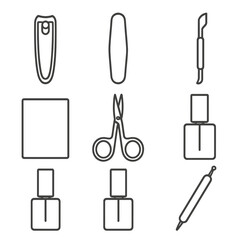 Obraz premium Nail Care Essentials. Line style icons of Nail Care Kit: nail clipper, nail file, cuticle pusher, buffer block, manicure scissors,