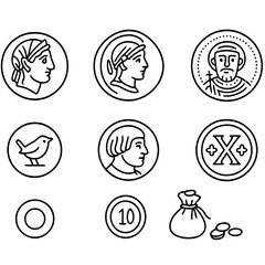 Antique Coin Icons. Line style icons of Antique Coins: Roman denarius, silver drachma, gold aureus, Byzantine solidus, medieval