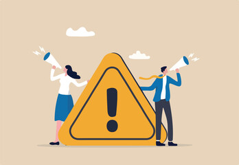 Important announcement, attention or warning information, breaking news or urgent message communication, alert and beware concept, business people announce on megaphone with attention exclamation sign