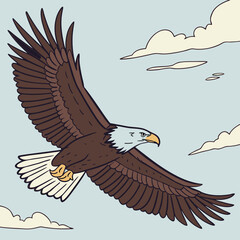 Fototapeta premium Majestic Eagle Soaring High: An illustrated eagle with outstretched wings, gliding through the sky, symbolizing freedom and strength against a backdrop of clouds.