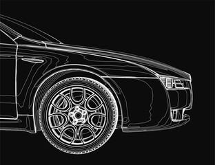 Naklejka premium A sleek black and white car drawing features detailed lines and curves on a dark background. The contrast highlights the vehicle's elegant design. The minimalist style emphasizes the car's dynamic.