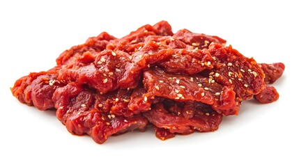 Photograph of beef jerky, textured with sesame seeds, presented in a rustic heap.