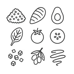 Healthy Lunch Bowl Icons. Line style icons of Healthy Lunch Bowl: quinoa heap, grilled chicken strip, avocado half, spinach leaf,