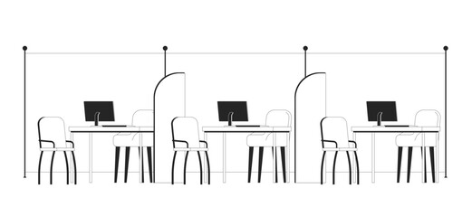 Obraz premium Empty modern office workstations with dividers outline illustration. Bank interior cubicles. Organized desks with chairs, computers 2D line scene isolated on white. Monochrome vector ink linear image