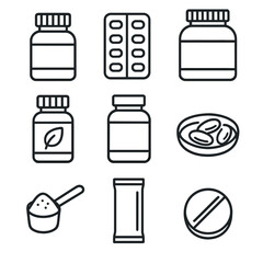 Health Supplement Icons. Line style icons of Health & Wellness Supplements: vitamin bottle, capsule pack, protein powder tub,