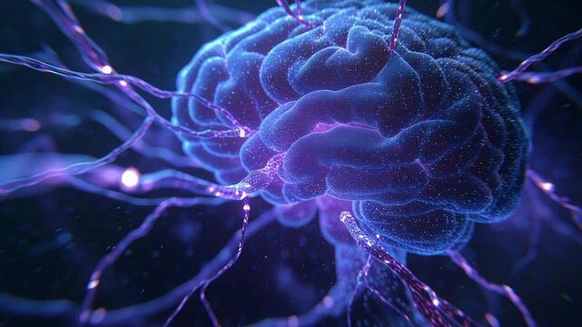 A close up of a brain with purple wires coming out of it. The brain is fuzzy and purple, and the wires are also purple and fuzzy. The image is of a brain with a lot of detail