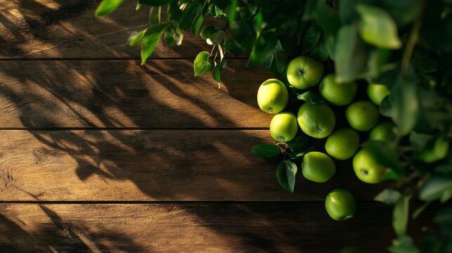 Overhead closeup of fresh green apples on rustic wooden table with natural shadows and vibrant textures, perfect for healthy eating themes and organic food concepts