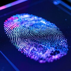 Close-up of a human fingerprint on a glowing digital touchscreen, with subtle smudges, light reflections, and neon tones in low lighting