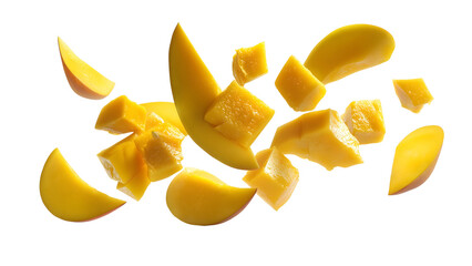 Fresh flying falling yellow mango pieces isolated on transparent background
