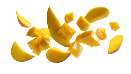 Fresh flying falling yellow mango pieces isolated on transparent background

