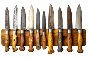 Set of kitchen knives on magnetic strip isolated on white background