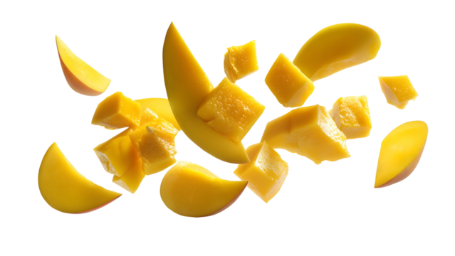 Fresh flying falling yellow mango pieces isolated on transparent background