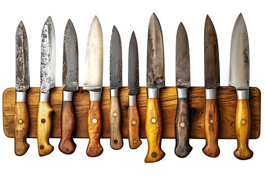 Set of kitchen knives on magnetic strip isolated on white background