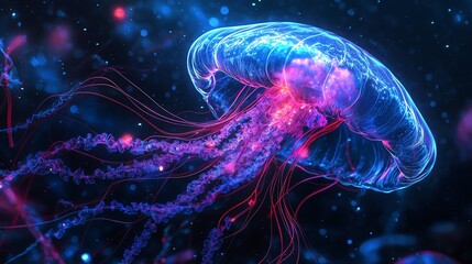 Naklejka premium A vibrant jellyfish glows in deep blue waters.