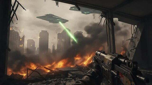 A first-person view of a destroyed city under alien attack, with laser fire.