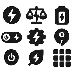Power Mode Icons. Solid style icons of power modes: performance mode, balanced mode, ultra saver mode, mode toggle, mode settings,