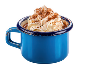 Blue mug coffee whipped cream nutmeg cinnamon rustic enamel hot drink dessert creamy texture cozy