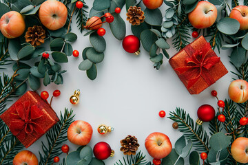 Festive flat lay with apples, gifts, and holiday decor